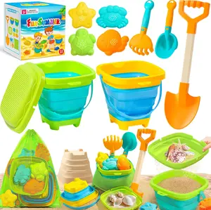 Collapsible Beach Sand Toys for Kids & Toddlers, Foldable Sand Bucket and Beach Toys Set with Sifter, Shovel, Sand Molds, Mesh Bag, Portable Sandbox Toys for Boys & Girls Ages 3-10, Travel Beach Toys