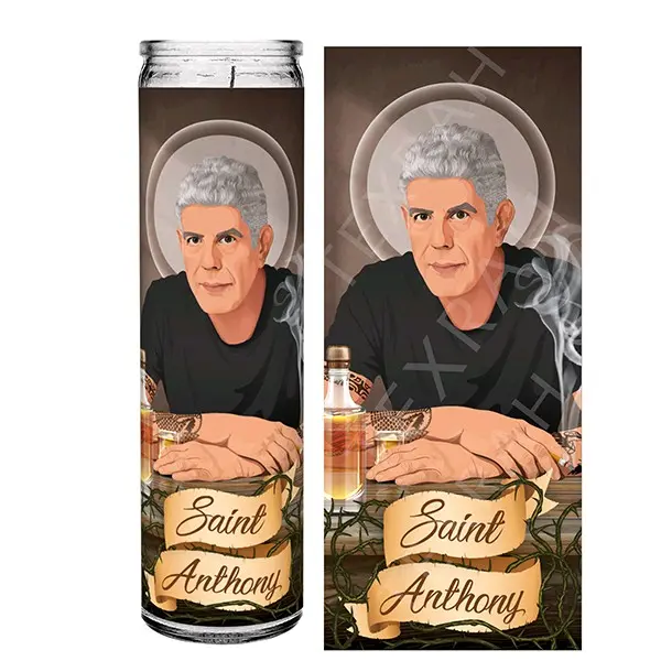 Saint Anthony Bourdain Celebrity Chef Prayer Devotional Parody Candle, 8" white unscented glass Gift Birthday