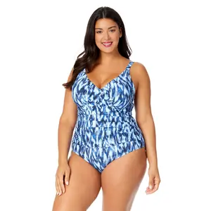Women's Plus Tie Dye Ikat Hidden Underwire Drape Front One Piece Swimsuit