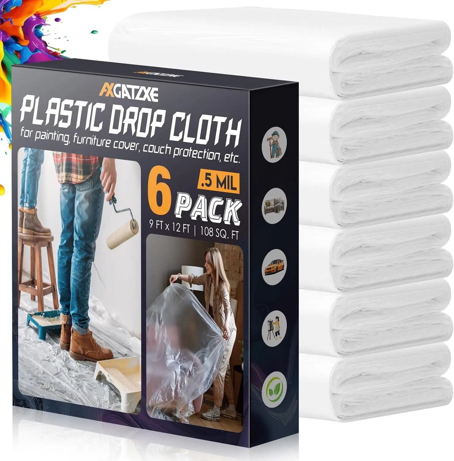 12 x 9 Ft Plastic Drop Cloths for Painting (6-Pack) | Plastic Painter's Sheeting & Tarps for Painting Supplies, Waterproof & Dust-proof Furniture/Couch/Floor Protection Cover