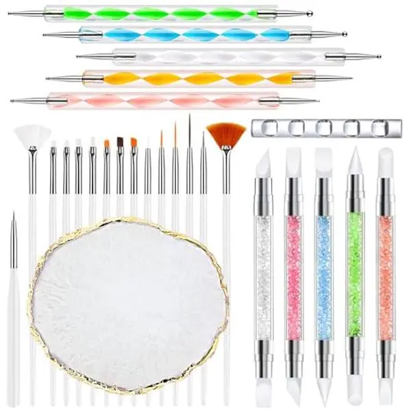 Nail Art Brush,27Pcs Set Nail Art Tools,Resin Nail Art Palette,5 Pcs Nail Art Sculpture Pen,2-way Acrylic Silicone Engraving Pen Dotting Pen Tools Nail Art Kit for Nail Art DIY
