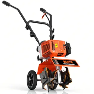 62CC Gas Tiller Cultivator,2 Stroke Gasoline Powered Rototiller,1.5KW 7500RPM,10in Working Width 5in Working Depth, Heavy Duty Garden Tiller for Lawn Yard Soil Cultivation (Orange)