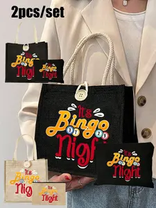 Bingo Night Print Handbag Set, Large Capacity Women's Bag, Fashion Shoulder Bag, Multifunctional Storage Bag, Travel Makeup Bag