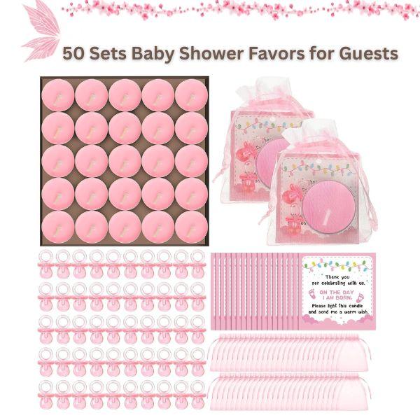 50 Sets Baby Shower Favors for Guests – Pink Pacifier, Tea Light Candles & Thank You Tags in Chiffon Bags – Bulk Gender Reveal & Birthday Party Supplies Gifts