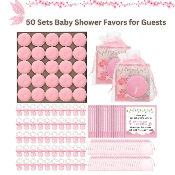 50 Sets Baby Shower Favors for Guests – Pink Pacifier, Tea Light Candles & Thank You Tags in Chiffon Bags – Bulk Gender Reveal & Birthday Party Supplies Gifts