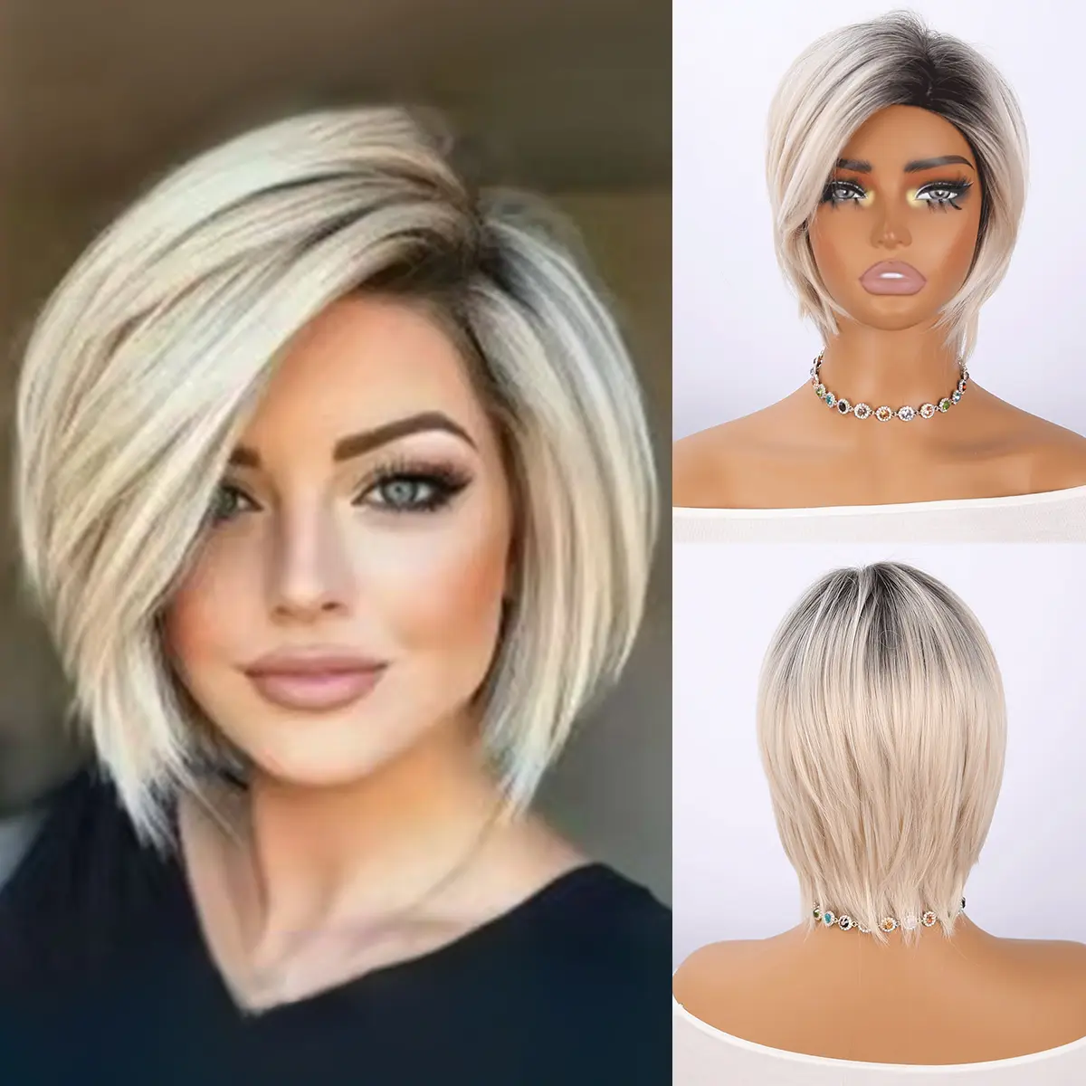 GGIRL Women's Fashion Wig - Glueless Synthetic Blonde, Side Part Ombre Short Bob, Dark Root Soft Heat-Resistant Hair, Breathable Cap Full Machine Wig for Daily Wear, Glueless Synthetic Wigs