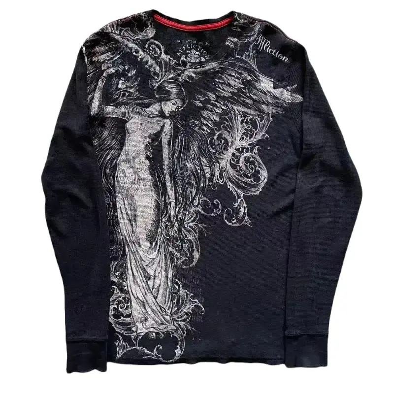 gym outfits Y2K Affliction Long sleeved T shirt Fashion Round Neck Oversized T shirt New  Mens Womens Casual Gothic Clothing Tops Streetwear lounge Menswear Gamis workout tops gym shirts