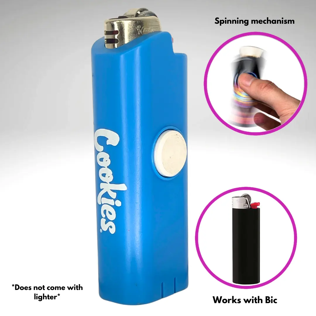 FLKR Cookies Fidget Spinner Lighter Case, Bic Compatibility, Smoker Accessories, High-Quality Polypropylene Body for Durability, Includes 1 Baby Blue Accessory (Does Not Include Lighter)
