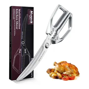 HUUSK Kitchen Scissors Silver - Stainless Steel Kitchen Shears for Food, Japanese Cooking Scissor, Sharp Meat Scissors Dishwasher Safe, Heavy Duty Poultry Shears for Chicken Bones, and Turkey