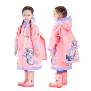 Pink Mermaid Print Girls Raincoat EVA Material with Pockets Large Hood Zipper Button Closure Backpack Design for Outdoor Rainy Days Camping Cycling 1pc