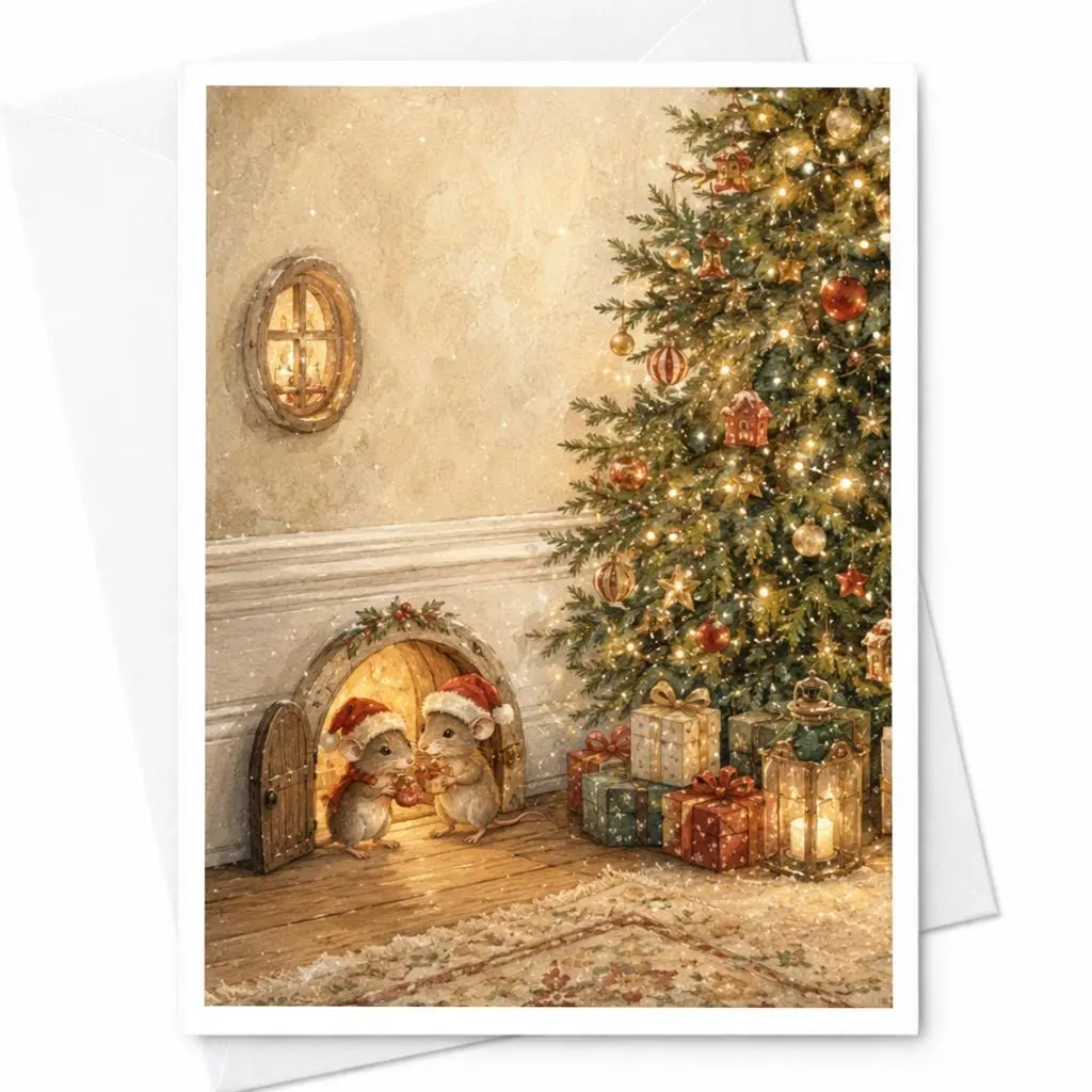 Christmas Mice Greeting Card Festive Holiday Card Cute Animal Christmas Card For Family Friends Cozy Winter Scene C5676