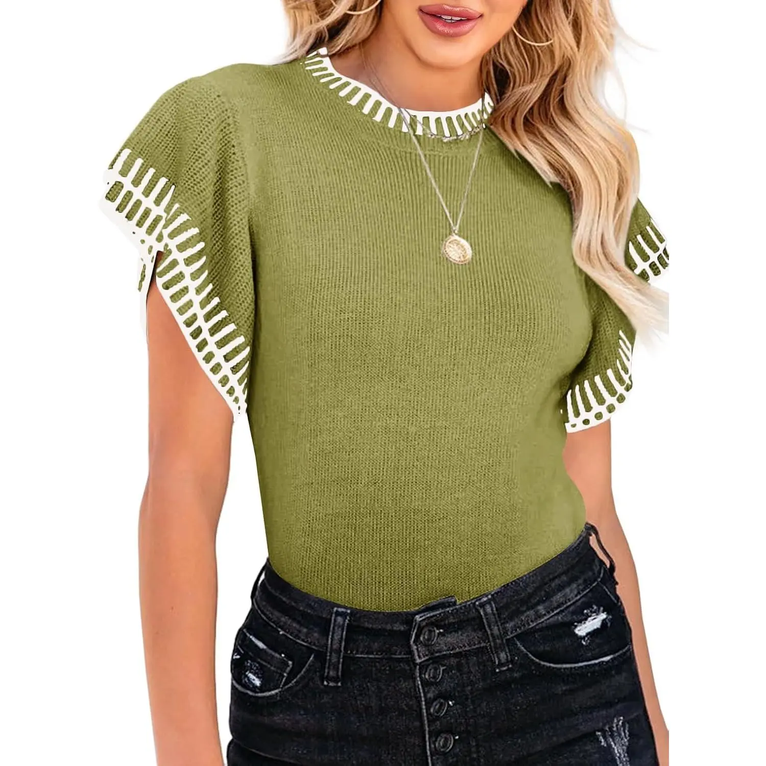 Lannew Womens Short Sleeve Sweaters Tops Summer Ruffle Striped Loose Crew Neck Lightweight Soft Shirts Knit Sweater