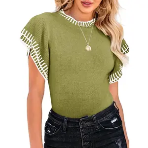 Lannew Womens Short Sleeve Sweaters Tops Summer Ruffle Striped Loose Crew Neck Lightweight Soft Shirts Knit Sweater