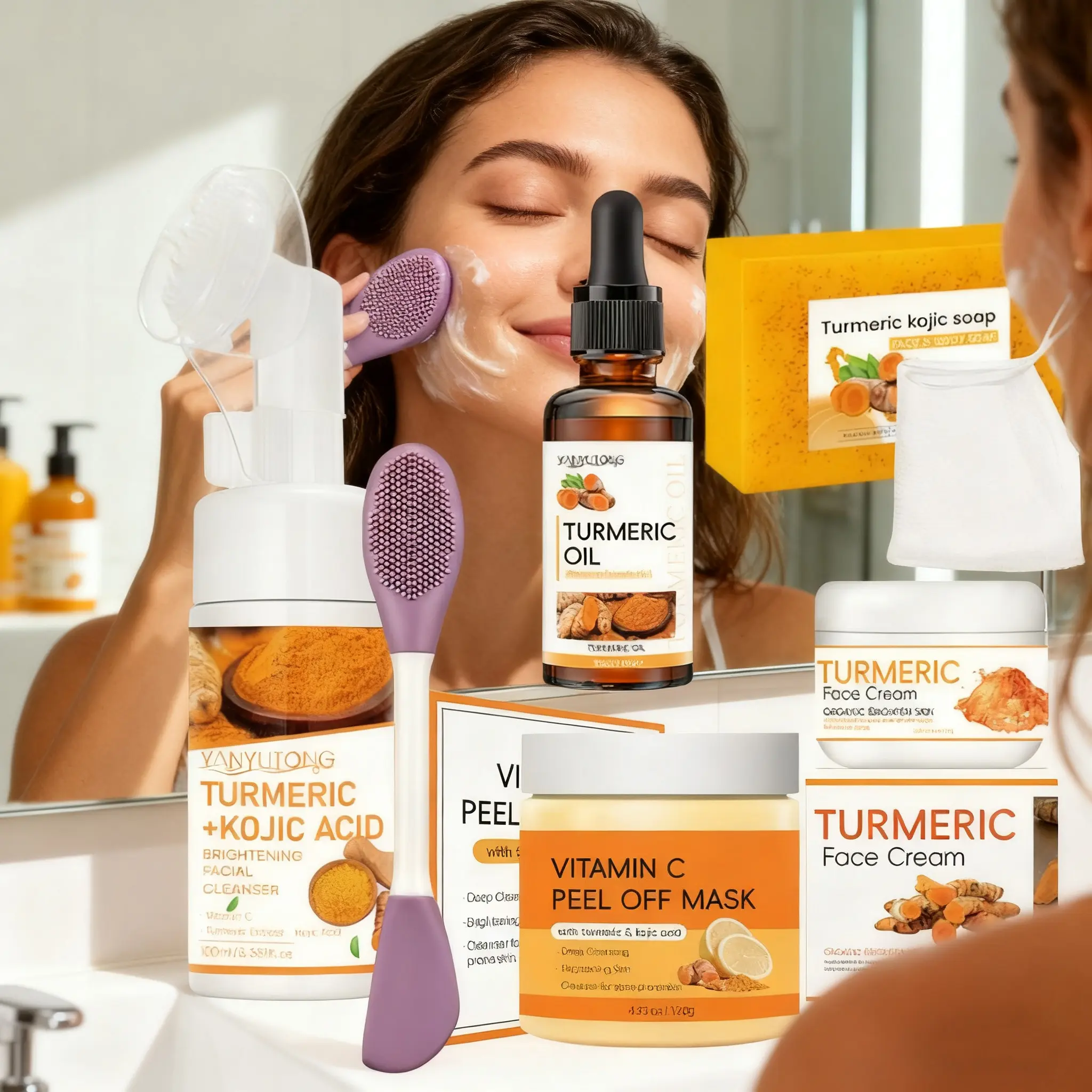 Turmeric Skincare 5-Piece Set, Turmeric Glow Set, Cleansing Mousse, Turmeric Soap, Clay Mask, Serum Oil, Face Cream, Silicone Brush. Summer Glow Bundle Vegan formula with turmeric, arbutin & aloe. Cleans pores, soothes acne, Facial Care Set Skin Care Sets