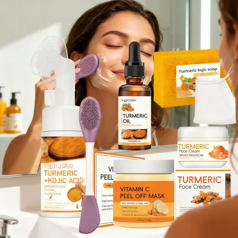 Turmeric Skincare 5-Piece Set, Turmeric Glow Set, Cleansing Mousse, Turmeric Soap, Clay Mask, Serum Oil, Face Cream, Silicone Brush. Summer Glow Bundle Vegan formula with turmeric, arbutin & aloe. Cleans pores, soothes acne, Facial Care Set Skin Care Sets