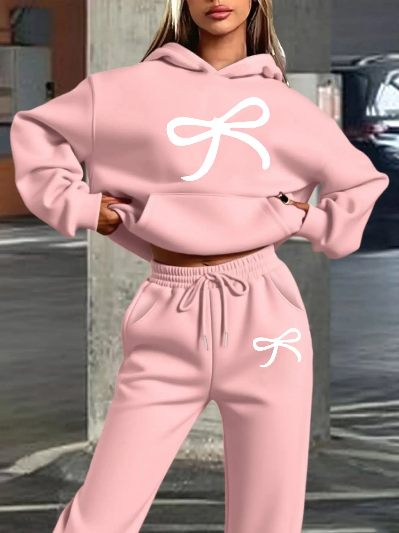 Women's Hooded Sweatshirt Set, Outfit, Fall & Winter Fleece Warm, Fitted, Bow Print, Sweet Cool Girl Style, Casual Sweet Fashion, Jogger Pants Design