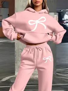 Women's Hooded Sweatshirt Set, Fall & Winter Fleece Warm, Fitted, Bow Print, Sweet Cool Girl Style, Casual Sweet Fashion, Jogger Pants Design