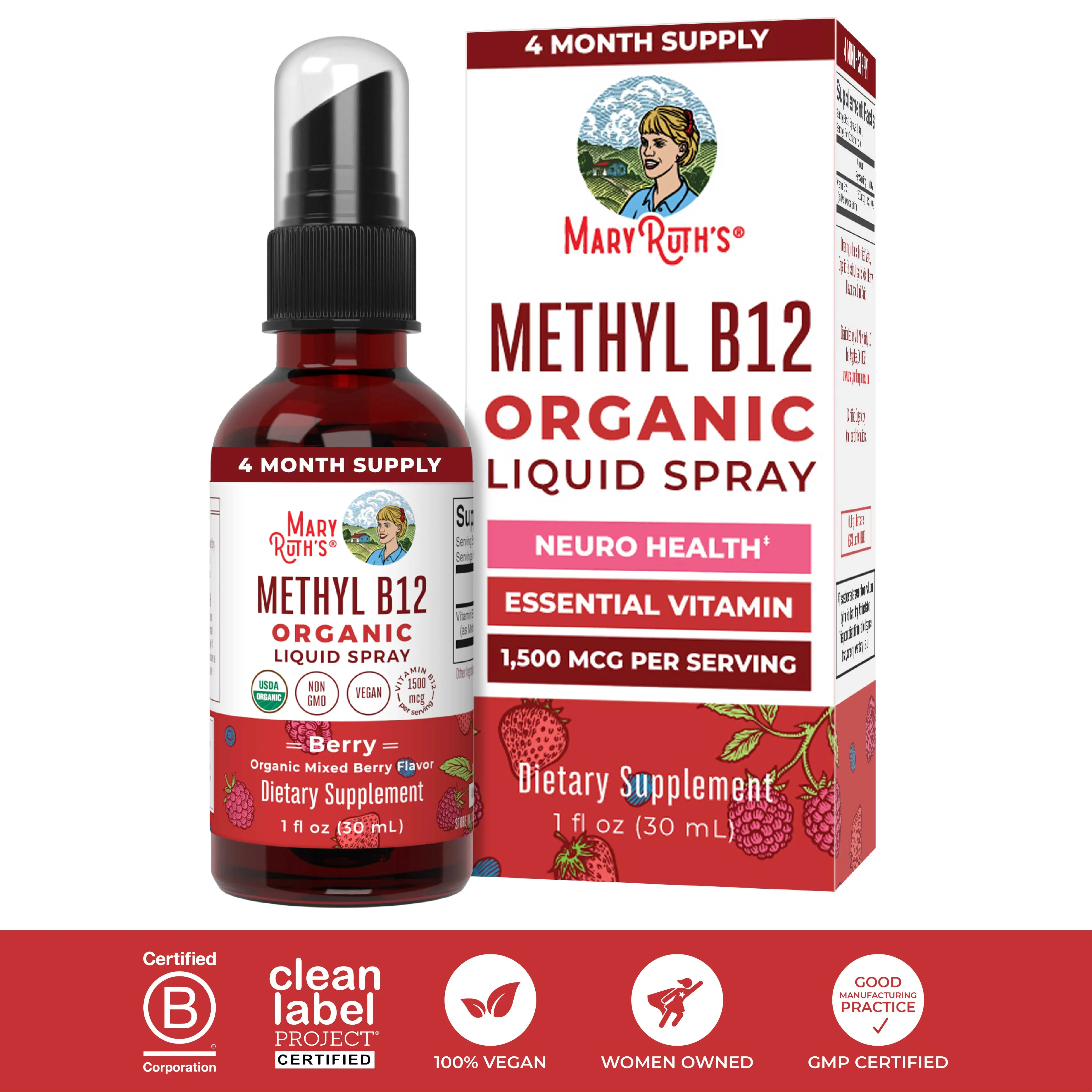 MaryRuth's Organic Methyl B12 Spray - USDA Organic Vitamin B12 Liquid Spray - Cellular Health - Neuro Health - Vegan - Non-GMO - Gluten Free - 1 Fl Oz