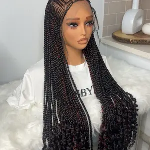 WIGSBYITO 35inch Fiber Cornrow Braided Wig 360 Full Lace with a Hint of Red Colorful Hair Extension Black