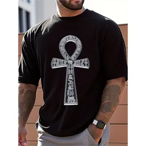 Mens Clothes, T Shirts for Men, Casual Style Design with Print, 100% Pure Cotton Fabric, Shirts for Men, Suits for Men, Egyptian Ankh Symbol Graphic T-Shirt, Casual Style, Men'S Short Sleeve Tee, Regular Fit, Unique Design, Summer Wear, Comfortable Cotton
