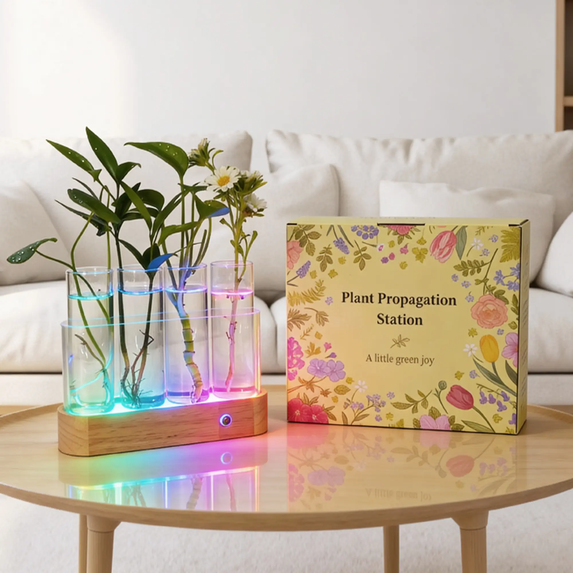 RGB Plant Propagation Station with LED Grow Light, Glass Hydroponic Vase & Desktop Table/Night Light - Indoor Plant Grow Tent System, Color-Changing Home Decor