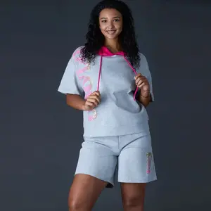 Women's Sequin Casual Hoodie Set with Pink Accents and Matching Shorts