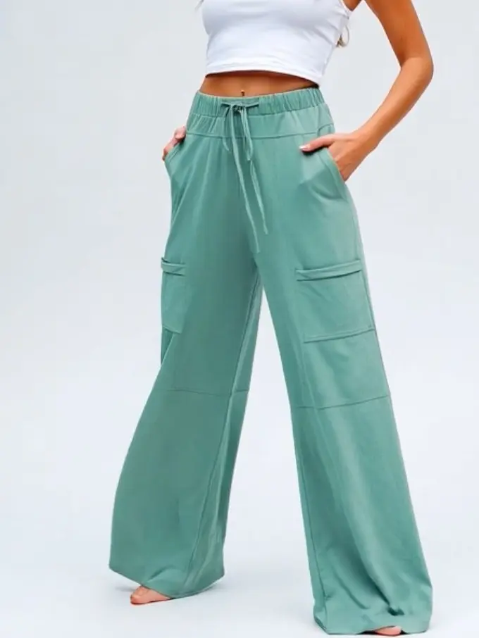 Mint Green Mineral Wash Exposed Seam Drawstring Elastic Waistband Wide Leg Cargo Pants