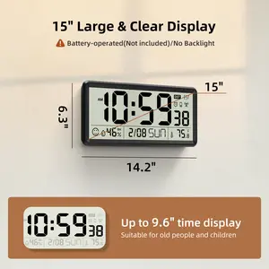 EASYERA 15 Inch Atomic Digital Wall Clock, Battery Operated, Auto Set, Big Display with Temperature, Humidity, Date, Day, Silent Non-Ticking, 4 Time Zones, DST, Wireless Self-Setting, Large Desk Clock Perfect for Home, Office or Classroom