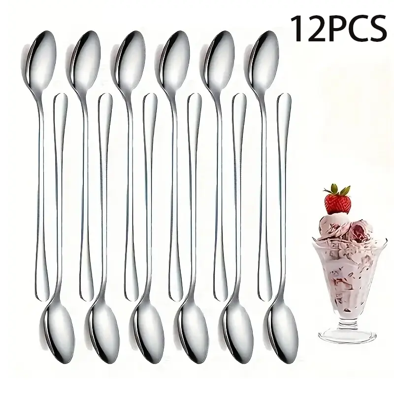 12pcs Long Handle Ice Cream Spoons, Coffee Cocktail Stirrers, Dessert Scoops, Kitchenware Utensils for Home Kitchen Restaurant, Party Wedding Gifts, Spoons Set