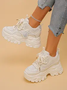 Women's Wedge Thick Sole Sports Shoes, Casual Net Lace-Up Sneakers for Spring & Autumn, Stylish Footwear for Daily Wear