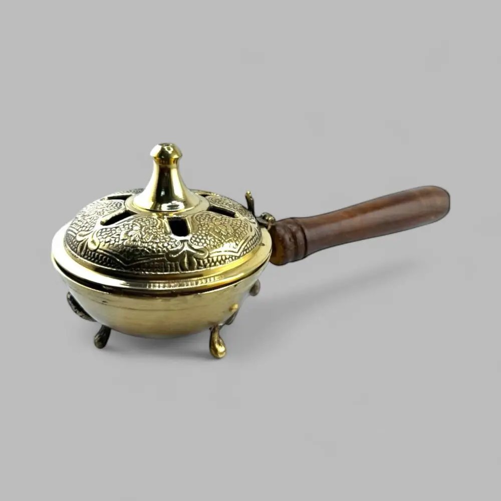 Ornate incense burner brass wooden handle MEDIUM SIZE