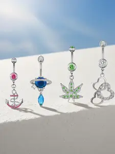 Women's Artificial Zircon Belly Button Ring Set, Heart Leaf Anchor Design, Party Jewelry for Women, Body Piercing Accessories