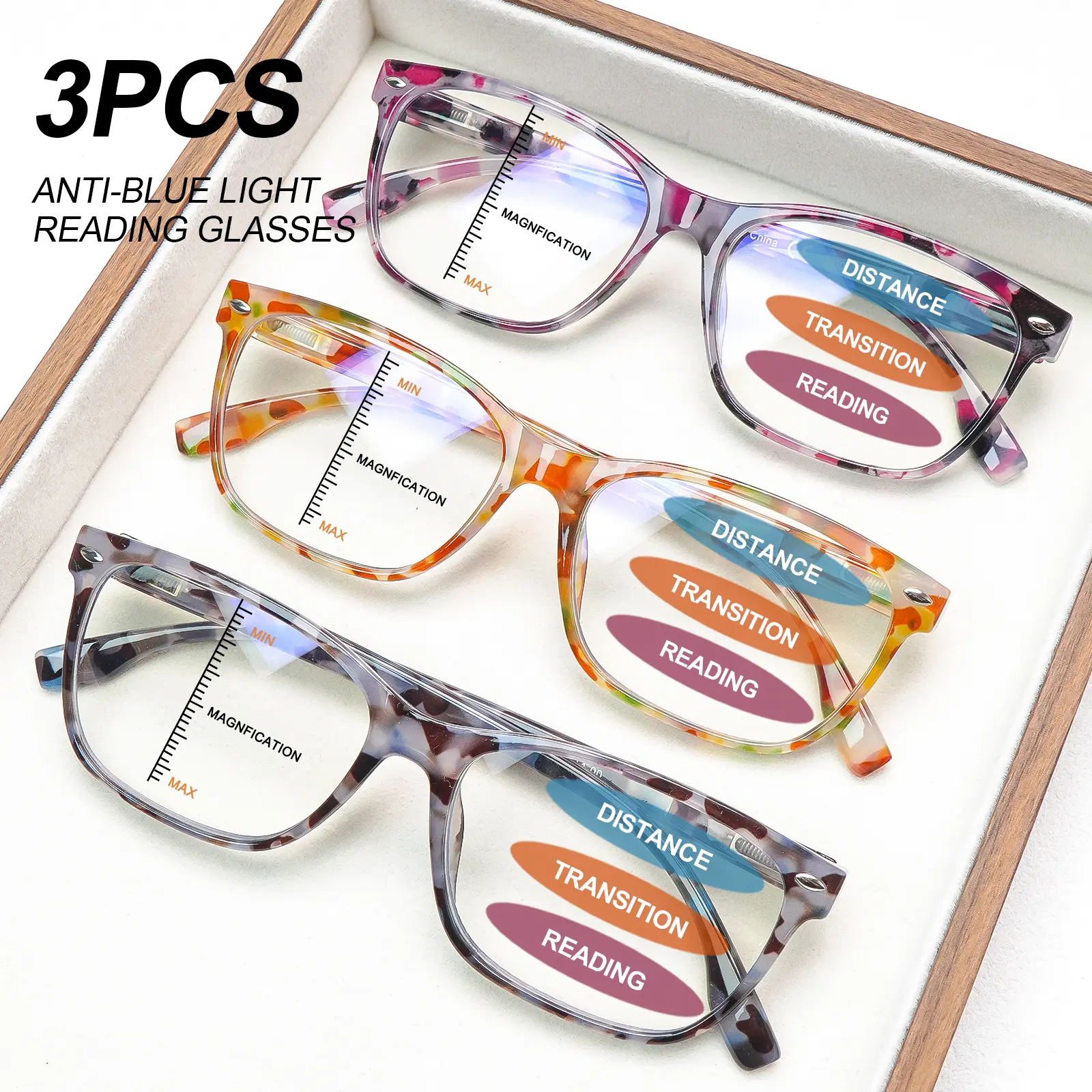 3PCS Progressive Multifocal Reading Glasses for Women, Blue Light Blocking Readers with Floral Pattern Square Frame, Spring Hinge Lightweight Eyewear