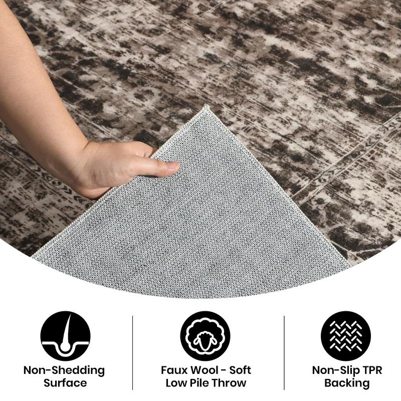 Brown Washable Vintage Faux Wool Throw Bedroom Rug, 0.3 In Low Pile & Non-Slip Indoor Floor Carpet For Home Office, Kids Room, Bedside, 4x6, 5x7, 6x9, 8x10, 9x12 Feet rugs living room