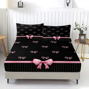 Black and Pink Bow Fitted Sheet,INS Style Girls' and Women's Home Bedding Set, Bed Sheets Set, Including 1 Bed Sheet and 2 Pillowcases,Anti Slip Dust Cover Suitable for Bedrooms and Guest Rooms,Suitable for Personal Use or Gift Giving