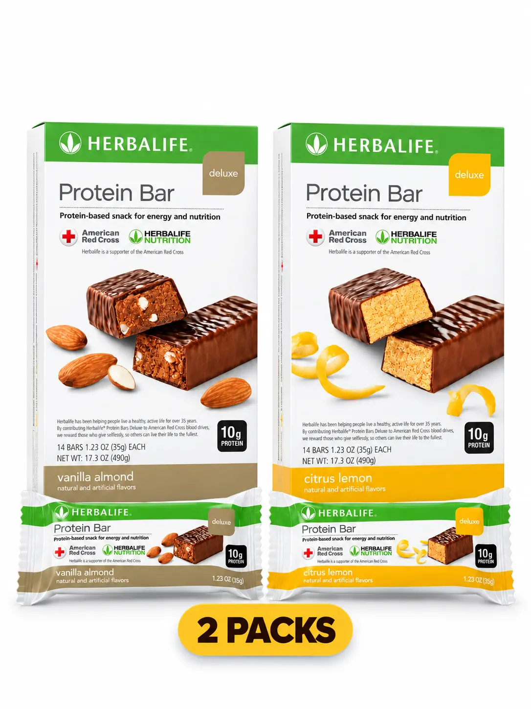 2 Packs of Herbalife Protein Bar Deluxe (Vanilla Almond and Citrus Lemon) 14 bars per pack Chocolate Coated Snack Bars 10g Protein Per Bar 140 Calories Per Bar Chewy Texture Convenient Packaged Snack Low gi