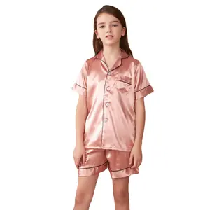 Premium Satin Pajama Set for Kids Baby Boys Girls Button-Up Short Sleeve Top & Shorts Loungewear Nightwear Gifts for Kids Casual Breathable Lightweight Polyester Fabric Snug Fit Pajamas
