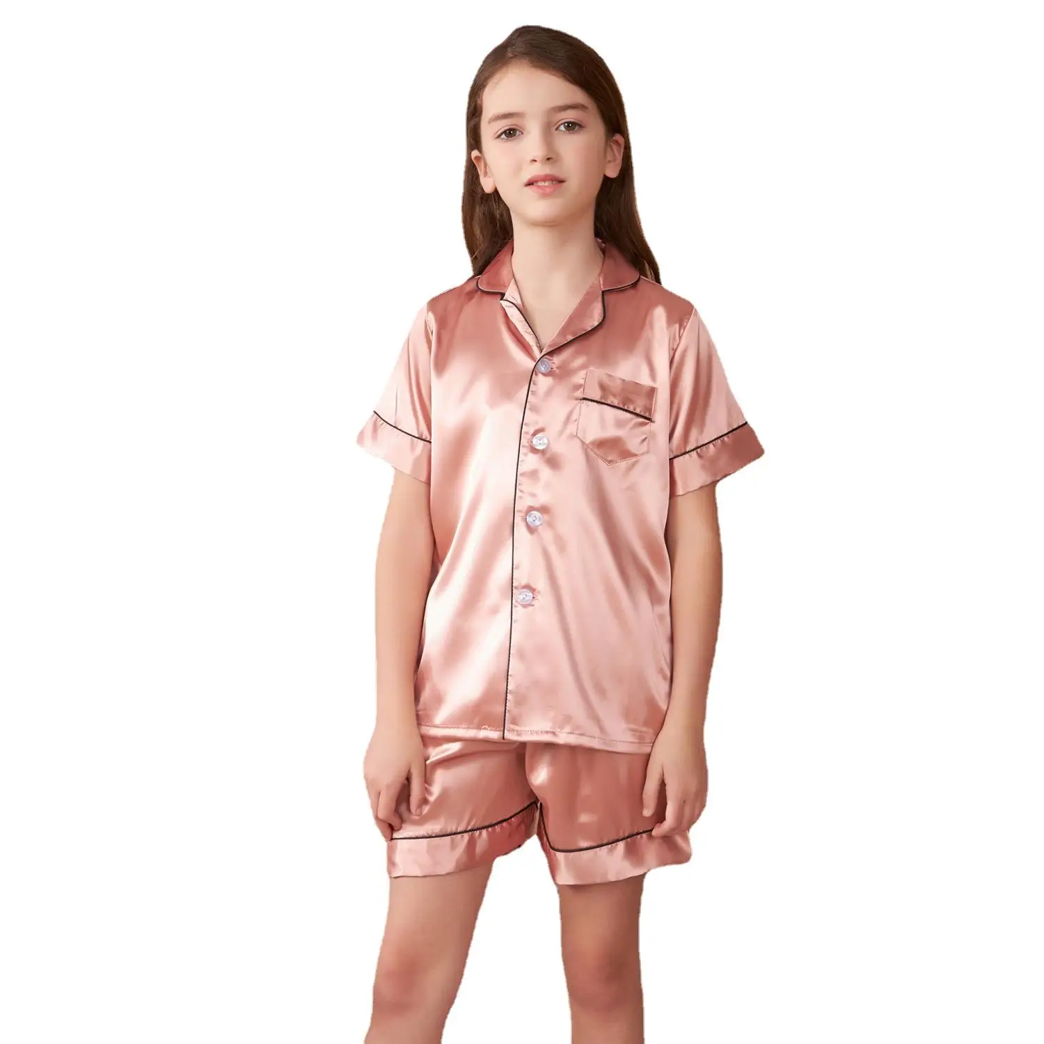 Premium Satin Pajama Set for Kids Baby Boys Girls Button-Up Short Sleeve Top & Shorts Loungewear Nightwear Gifts for Kids Casual Breathable Lightweigh