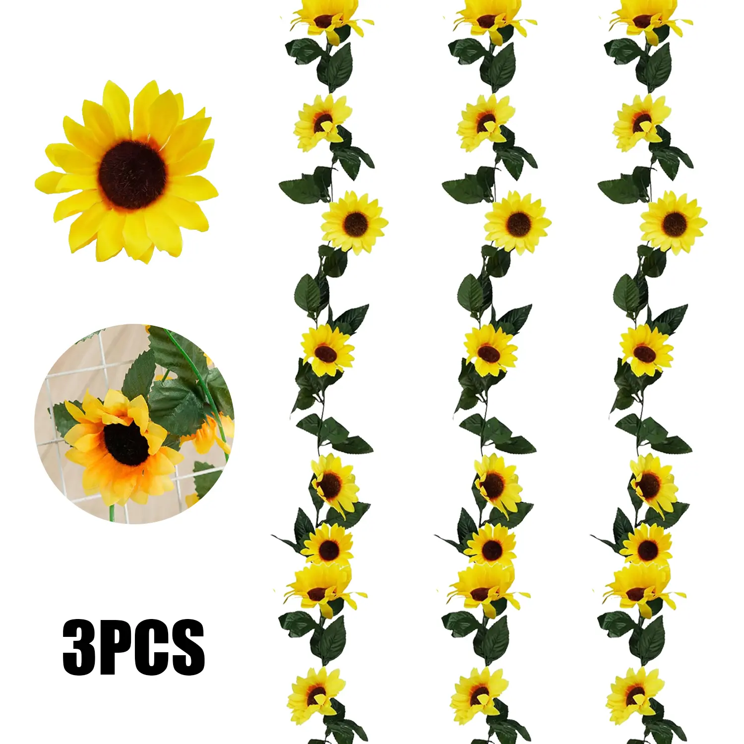 Pack Of 3 Artificial Sunflower Garland Vines,Fake Sunflowers Decor for Wedding Birthday Party Decorations, Yellow Flower Garland for Kitchen Bathroom Decor