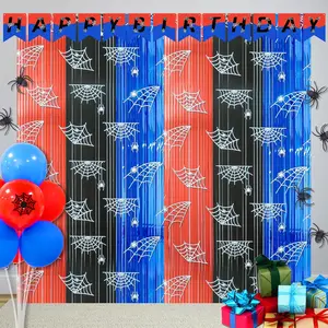 Spider Web Birthday Decorations 3 Pack - Spider Party Supplies 3.3x6.6ft with Pre-Strung Banner - Tinsel Foil Fringe Curtain Backdrop, Spidey Birthday Decorations with Red Blue Black Streamers for Boy