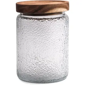 OSSOW Vinage Glass Sorage Jar, 24oz  Conainers wih Wooden Lid,1Pack Hammered exure Caniser, Airigh Glass Jars for Candy, Cookie, Sugar, Nus, Coffee bean (Hammered exure+Round)