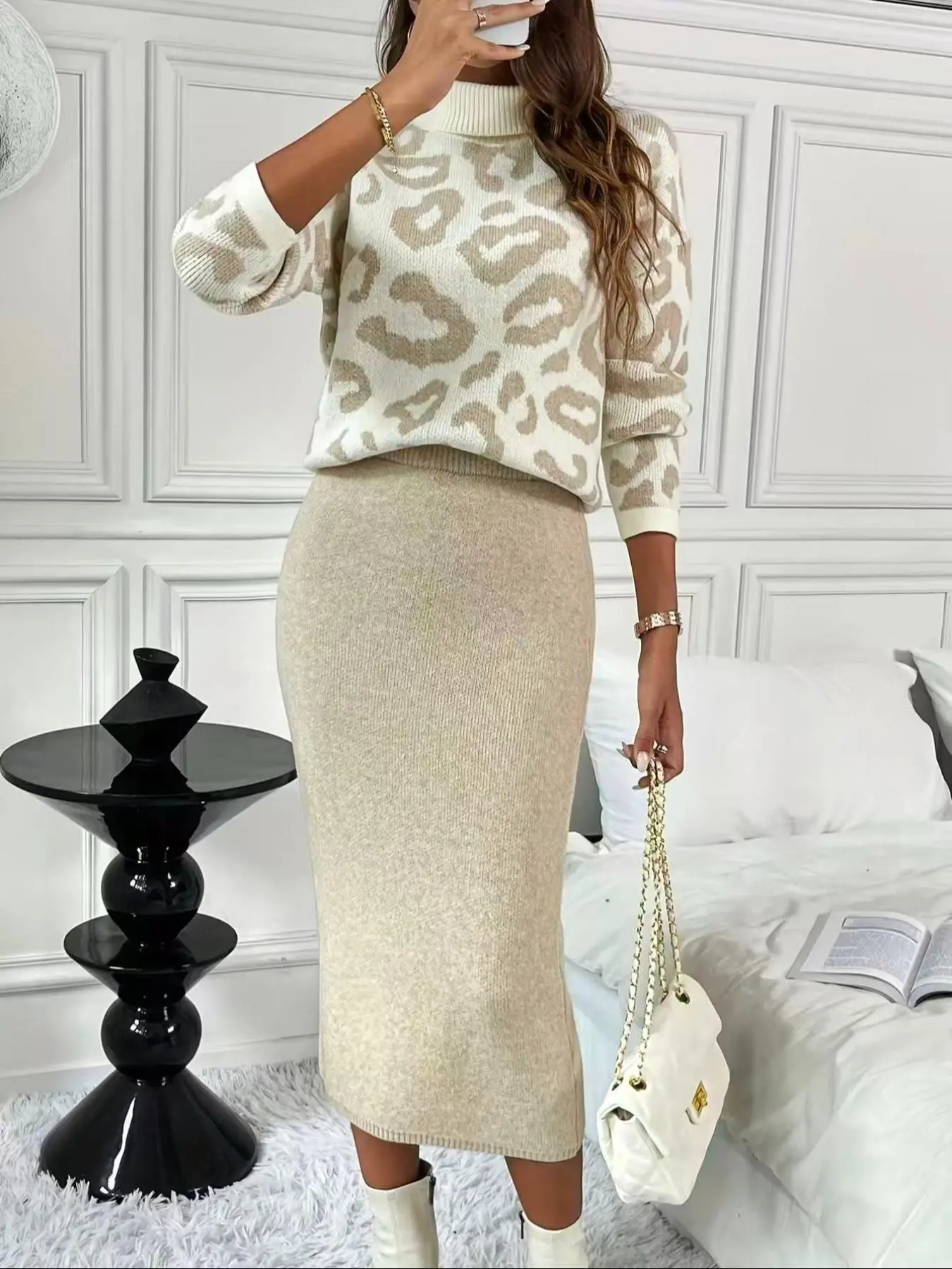 Women's Y2K Fashion Leopard Print Knit Top & Half-Sleeve Skirt Set, Casual Long Sleeve Sweater for Spring Summer Fall Winter