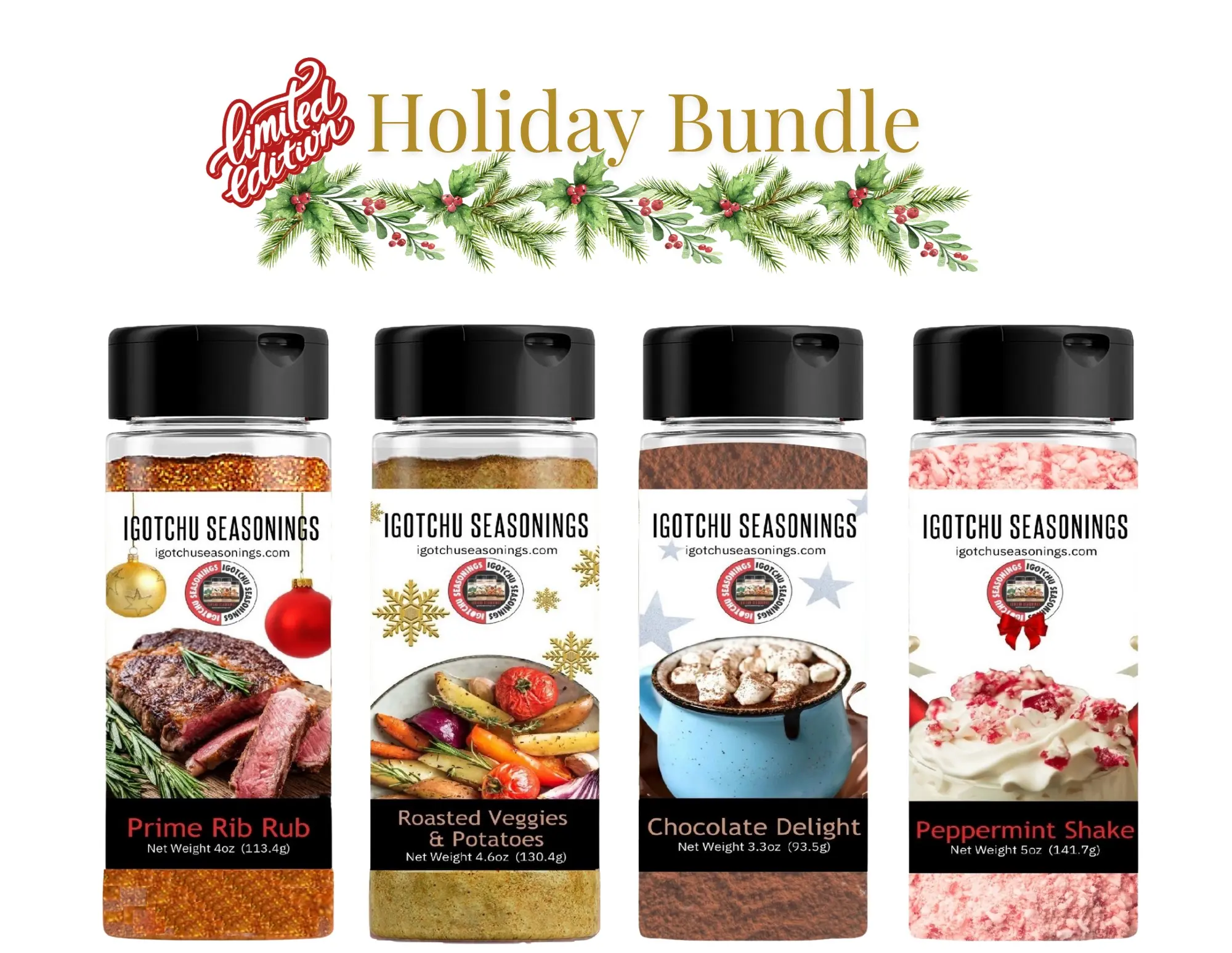 Igotchu Seasonings Limited Edition Holiday Bundle - Prime Rib Rub, Roasted Veggies & Potatoes, Chocolate Delight, Peppermint Shake