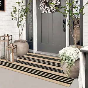 Striped Outdoor Front Door Mat 24"x51",  Hand Woven Washable Black and Khaki Rug Runner, Reversible Foldable Indoor Layered Front Door Rugs for Entryway/Farmhouse/ Entrance