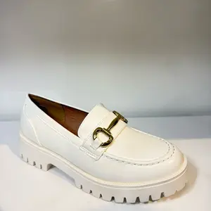 Women Loafers with Gold Buckle Moccasins 3528 - White Pu  Leather Comfortable Casual Shoes