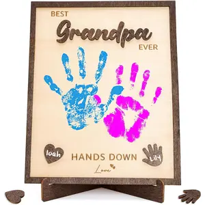 Best Grandpa Ever Gifts - Wooden Handprint Plaque, DIY Keepsake from Grandkids, Meaningful to Precious Memories, Birthday Christmas Gift for Grandpa