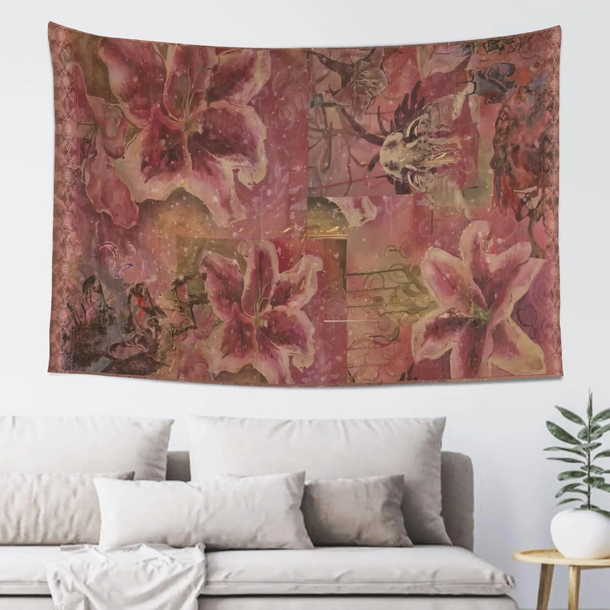 Vintage Collage Pink Lily Flower Distressed Retro Floral Wall Hanging Tapestry, Home Decor Room Accessories for Bedroom Living Room