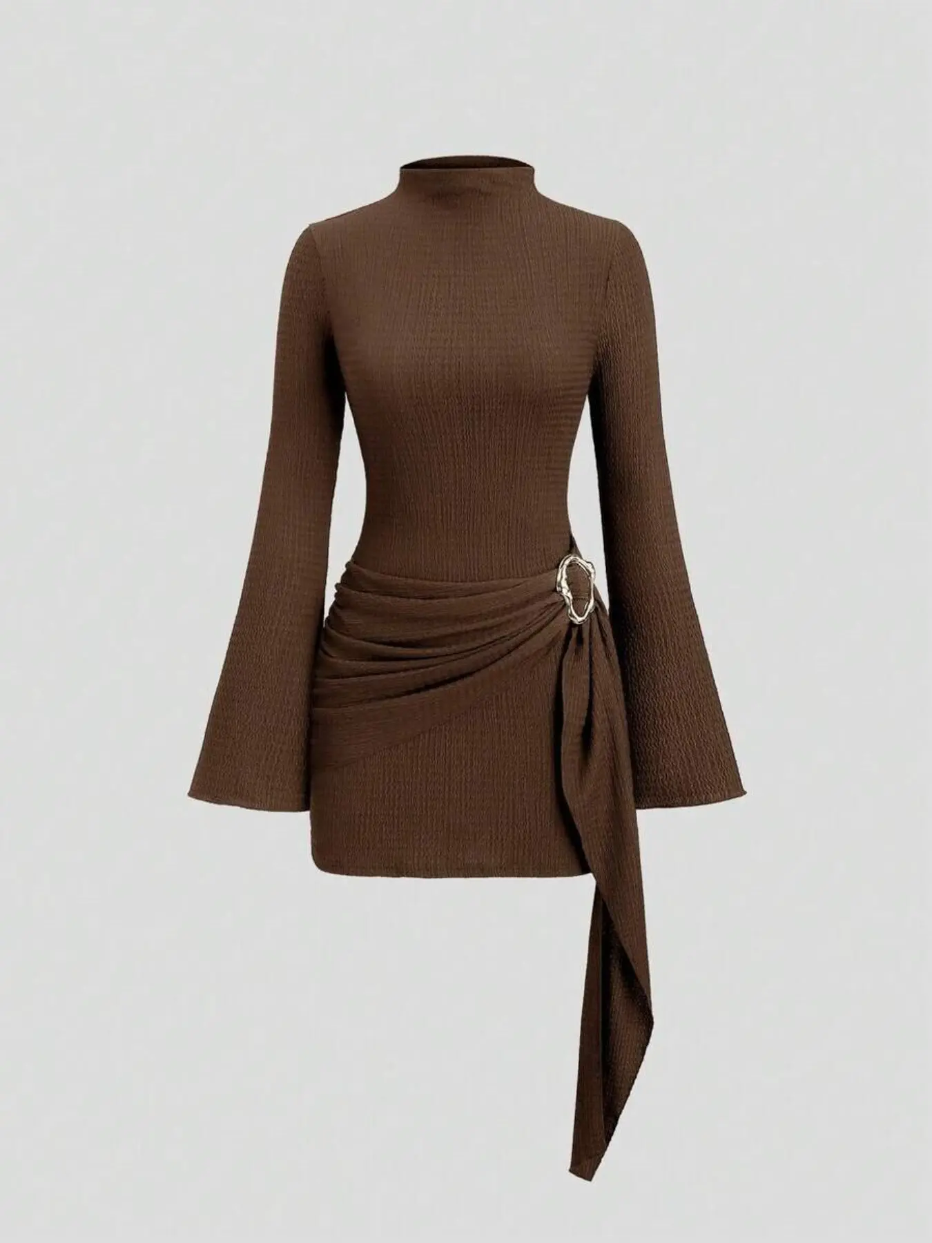Women's Slim-Fitting Dress, Simple Style Long Sleeve Micro Flared Sleeves, Waist-Cinching Design, Tight Fit, Bodycon Dress, Perfect for Casual Wear, Classy Dresses