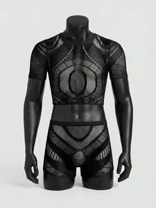 Men's Sexy Transparent Mesh Two-Piece Set, Short Sleeve Navel Exposed Top & Thong Underwear, Stylish Casual Wear, Clothes