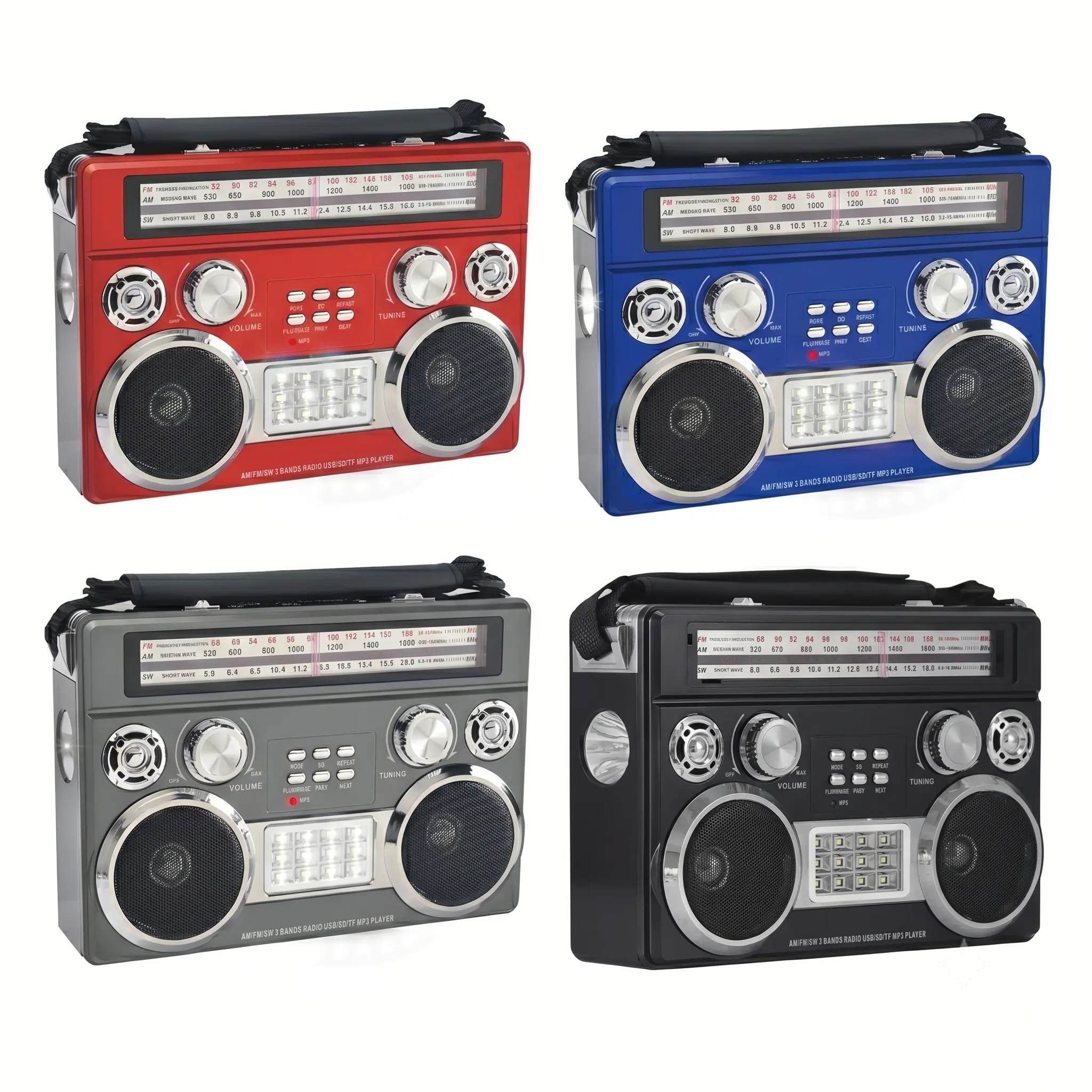 3-Band AM/FM/Shortwave Radio, Portable Wireless Speaker with LED Flashlight & Floodlight Panel, Multi-Input Media Player with Adjustable Carrying Strap